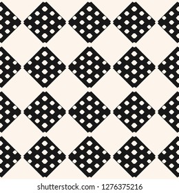 Vector monochrome geometric seamless pattern with checkered tiles, squares, small polka dots, spots. Black and white abstract texture. Simple minimalist background. Repeat design for print, embossing