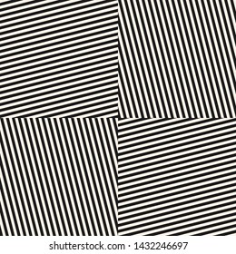 Vector monochrome geometric seamless pattern with diagonal stripes, lines, square tiles. Black and white minimal striped texture. Creative psychedelic design. Retro 80-90's style repeat background