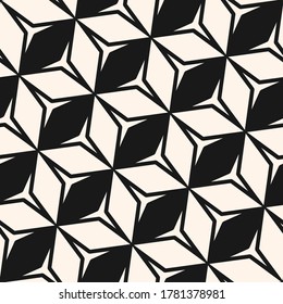 Vektor monochrome geometrische nahtlose Muster. Stilvolle abstrakte, abstrakte geometrische Textur in Schwarz und Weiß mit Rhombus, Diamanten, Dreiecken, Sternformen, Diagonalgitter. Einfaches Geo-Hintergrund. Wiederholtes Design
