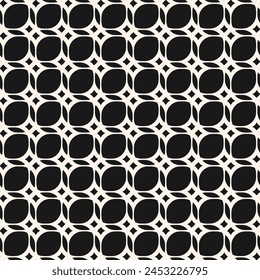 Vector monochrome geometric seamless pattern with rounded grid, net, mesh, lattice, curved shapes. Simple abstract black and white background. Geometrical ornament texture. Repeated modern geo design