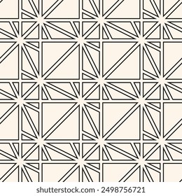 Vector monochrome geometric seamless pattern. Abstract outline geometrical texture. Black and white minimal background with thin lines, triangles, grid, lattice, mesh, net. Simple repeating geo design