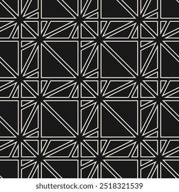 Vector monochrome geometric seamless pattern. Abstract outline geometrical texture. Black and white minimal background with thin lines, triangles, grid, lattice, mesh, net. Simple dark repeated design