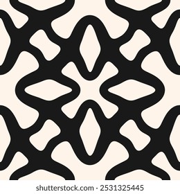 Vector monochrome geometric seamless pattern. Abstract ornamental texture with flower silhouettes, crosses, lattice, grid, repeat tiles. Simple black and white background. Repeated ornament design