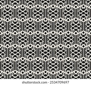 Vector monochrome geometric seamless pattern with crossing lines, grid, lattice, net, hexagons, repeat tiles. Abstract black and white background. Simple stylish graphic texture. Modern geo design