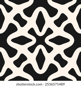 Vector monochrome geometric seamless pattern. Abstract ornamental texture with flower silhouettes, crosses, stars, repeat tiles. Simple elegant black and white background. Repeated decorative design