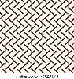 Vector monochrome geometric seamless pattern with mesh, grid, lattice, net. Abstract black and white texture with curved lines. Optical illusion effect of 3d volumetric surface. Repeat design element