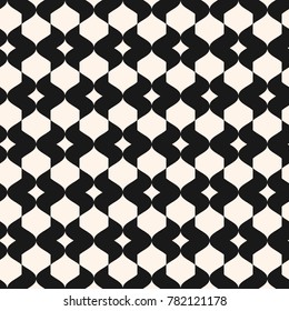 Vector monochrome geometric seamless pattern with curved shapes, elegant grid, lattice, mesh. Abstract black and white background texture. Ornamental design for decoration, wallpapers, tileable print