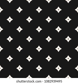 Vector monochrome geometric texture. Abstract seamless pattern with small diamonds, stars, rhombuses, flower shapes. Subtle minimal dark background. Black and white design for prints, decoration, web
