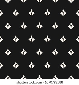 Vector monochrome geometric texture with small diamond shapes, feathers, flower silhouettes. Abstract modern seamless pattern. Elegant minimalist background. Repeat design for decor, textile, fabric