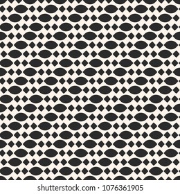 Vector monochrome geometric texture with small ovate shapes, rhombuses, mesh, grid. Abstract modern seamless pattern. Elegant black and white background. Repeat design for decor, textile, furniture