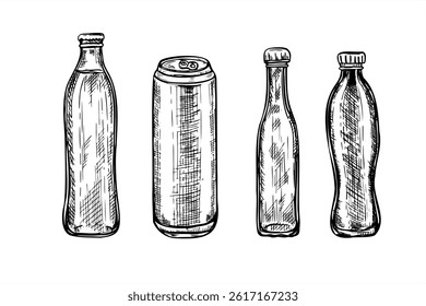 Garrafas de vidro monocromático vetorial e bebida de alumínio podem definir a ilustração de tinta de linha em preto e branco. Gravura de garrafas de água, suco, cerveja. Elemento clip-art para marca, design de grupo