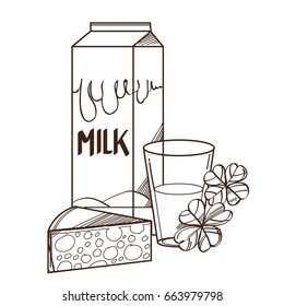 Vector monochrome glass of milk with package and piece of cheese. Illustration isolated on white background