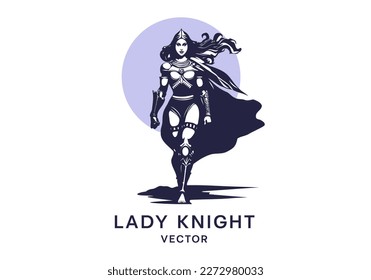 Vector monochrome, going, stylish, slim, strong, independent lady knight with fluttering cape on circle background. White isolated background. Logo, sticker or emblem.