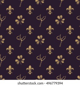 vector monochrome gold hand drawn engraving shamrock slingshot Fleur De Lis illustration on dark brown isolated background deco seamless pattern
