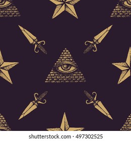 vector monochrome gold hand drawn engraving eye of providence dagger star illustration on dark brown isolated background deco seamless pattern
