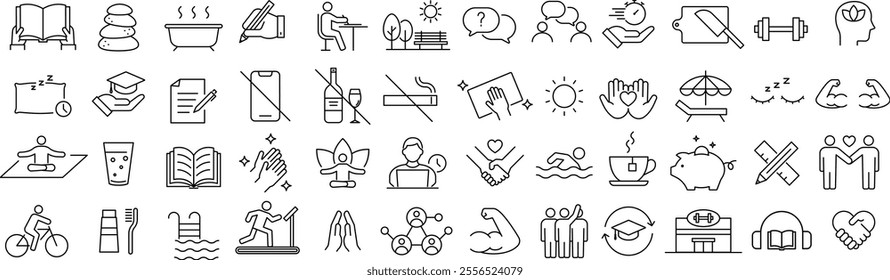 
Vector Monochrome Good Habits Line Art Icon Set