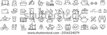 
Vector Monochrome Good Habits Line Art Icon Set