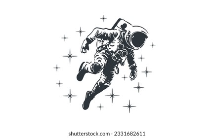 Vektormonochrome grafische Astronauten und Radiant-Sterne auf weißem Hintergrund. Kosmonaut im Weltraum. Handzeichnung.