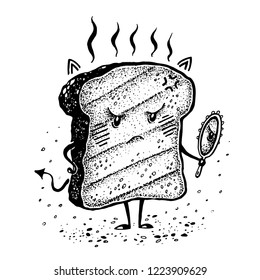 
Vector monochrome graphic hand drawn dissatisfied toasted piece of bread looking at himself in the mirror isolated on white background
