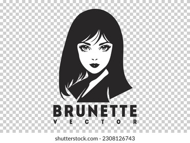 Vector monochrome graphic portrait of young cute beautiful brunette lady with big gorgeous eyes. Isolated background.