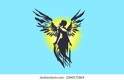 Vector monochrome graphic silhouette of an angel lady with spread wings made of ink blots on a bright radiant yellow circle background. Blue isolated background.