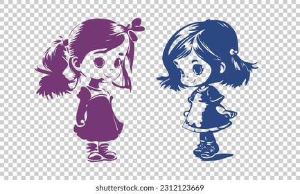 Vector monochrome graphic smiling happy girls kids. Isolated background.