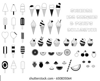 Vector monochrome graphics ice creams, cakes and summer fruits illustration