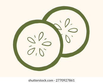 Vector monochrome green hand drawn doodle outline illustration of two cucumber slices. Sketch minimal fresh cucumber piece for healthy salad, spa skincare concept, vegan menu, clean food label design.