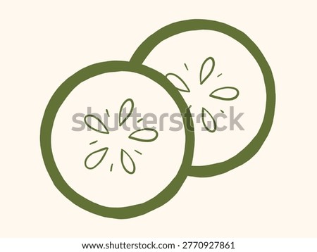 Vector monochrome green hand drawn doodle outline illustration of two cucumber slices. Sketch minimal fresh cucumber piece for healthy salad, spa skincare concept, vegan menu, clean food label design.