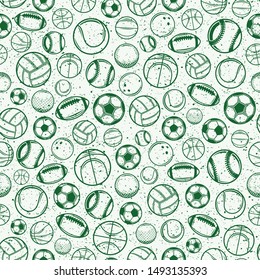 Vector monochrome green sport balls seamless pattern or background