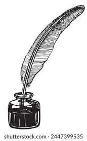 Vector  monochrome hand drawing of ancient pen and inkwell. An ink drawing, isolated in white backgrond. Feather and inkwell sketch.