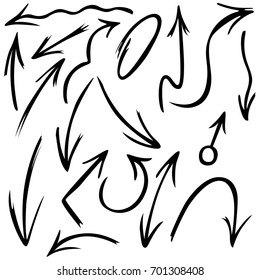 Vector of monochrome hand drawn arrows isolated on white background.