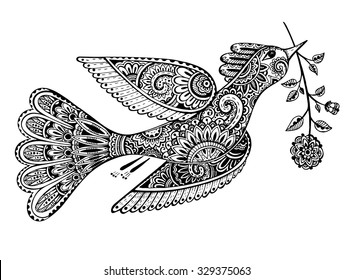 Vector monochrome hand drawn illustration of ornamental fancy bird with flower