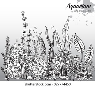 Vector monochrome hand drawn illustration with aquarium algae, corals. Underwater world. Black and white hand drawn illustration