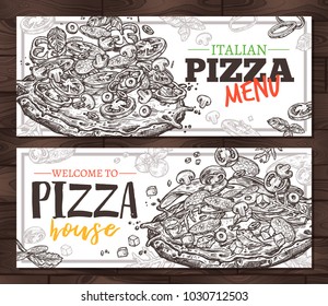 Vector monochrome hand drawn pizza pizzeria horizontal banners. Design with sketch illustrations