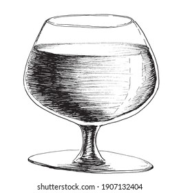 Vector monochrome hand drawn sketch style illustration of brandy or whiskey wineglass isolated on white background.