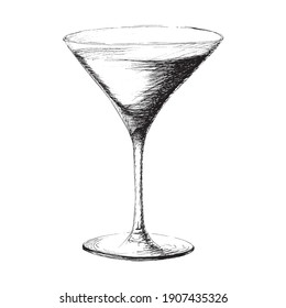 Vector monochrome hand drawn sketch style illustration of martini glass coctail wineglass isolated on white background.