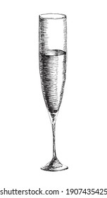 Vector monochrome hand drawn sketch illustration of champagne and wine wineglass isolated on white background.
