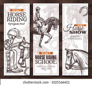 Vector monochrome hand drawn vertical banners with horses, equestrian sport and equipment for horseback riding. Design with sketch engrawind illustration