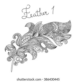 Vector monochrome hand drawn zentagle illustration of feather. Coloring page with high details isolated on white background. 