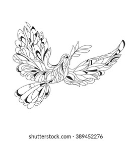 Vector monochrome hand drawn zentagle illustration of peace dove with olive branch. Coloring page with high details isolated on white background. 