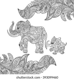 Vector monochrome hand drawn zentagle illustration of an elephant and baby elephant. Coloring page with high details isolated on white background. Boho style.