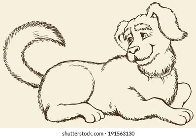 Vector monochrome hand-drawn outline picture with space for text on a beige background. Shaggy big dog resting on the floor, waving his tail and cheerfully looking sideways