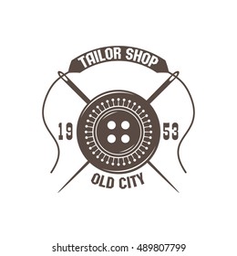 vector monochrome handicraft tailor emblem; custom sewing company logo