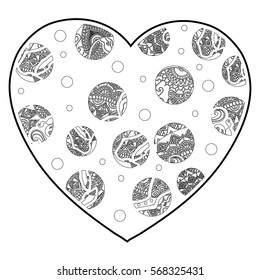 Vector monochrome heart with zentangle floral circles inside. Coloring book page