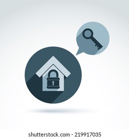 Vector monochrome house with a padlock isolated on white background. Home insurance icon, conceptual privacy symbol.  Chat on real estate security theme, key from a house concept.