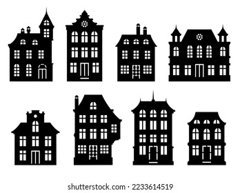 Vector monochrome houses set. Black old style ornate houses with white windows and doors. Template for paper cutting, laser cutting.
