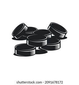 Vector monochrome ice hockey icon. Group of seven pucks with shadow on white background. Sport illustration.