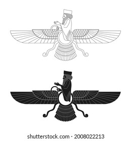 icono de vector monocromo con el antiguo símbolo sumeriano Faravahar para tu proyecto