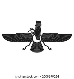 icono de vector monocromo con el antiguo símbolo sumeriano Faravahar para tu proyecto